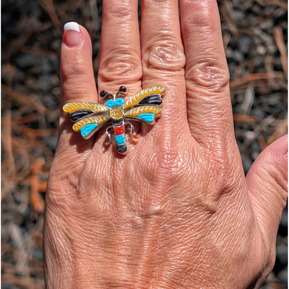 Zuni Dragonfly Inlay Ring Multi Stone Sterling Silver Sz 7.25 Signed Pinto - Picture 4 of 10